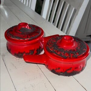MCM Pottery red "lava drip" or "fat lava" textured soup or lidded bean pots